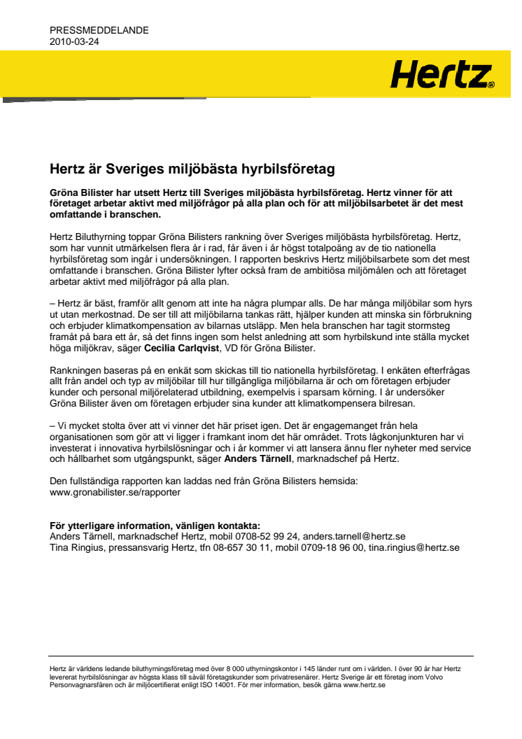 Hertz är Sveriges miljöbästa hyrbilsföretag