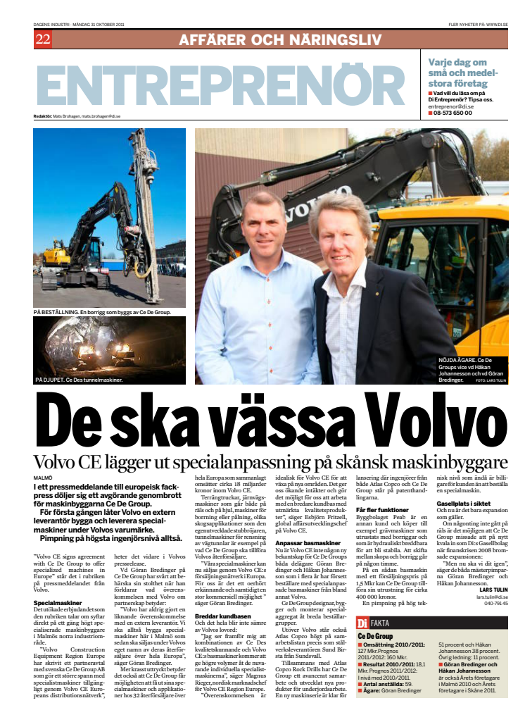 Ce De Group - artikel DI 111031 Ce De Group partneravtal med Volvo CE