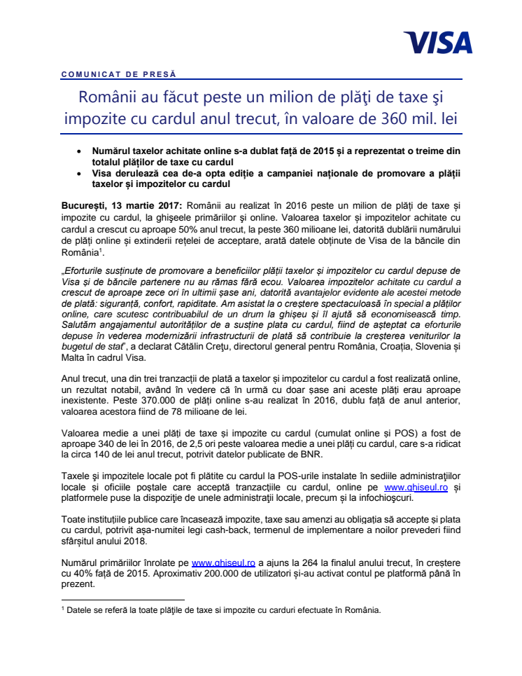 Românii au făcut peste un milion de plăţi de taxe şi impozite cu cardul anul trecut, în valoare de 360 mil. lei