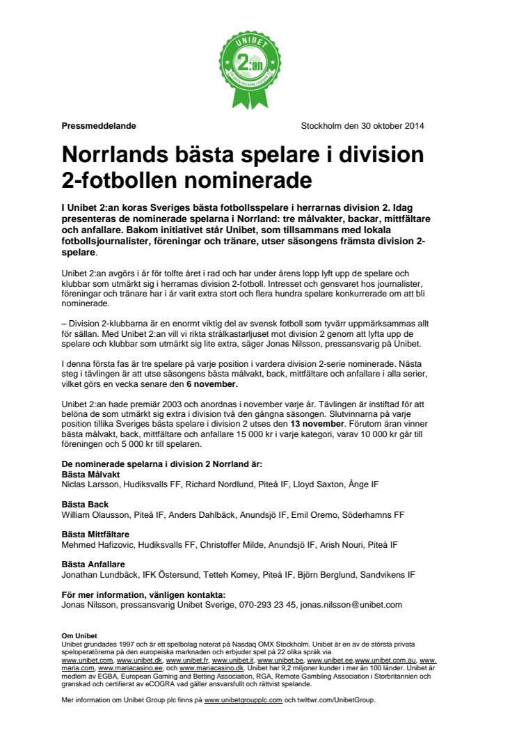 Norrlands bästa spelare i division 2-fotbollen nominerade