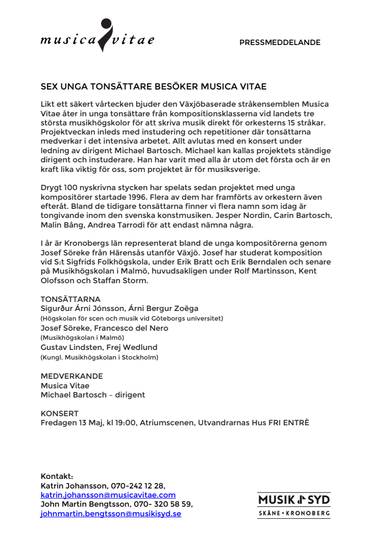 S​ex Unga Tonsättare Besöker Musica Vitae