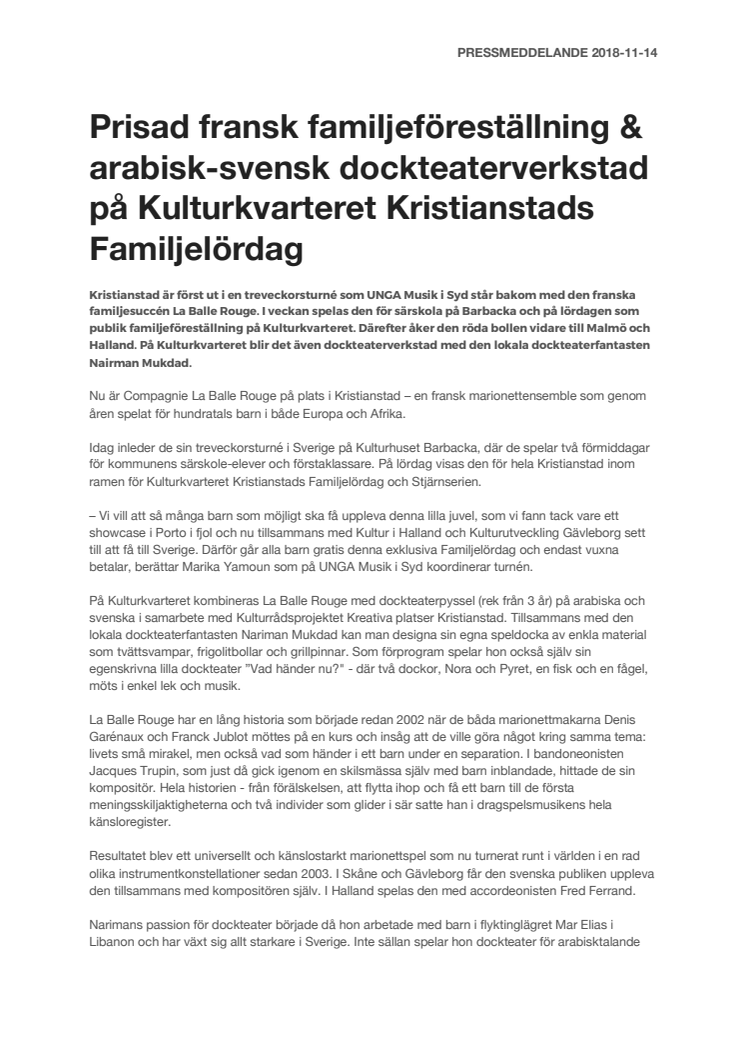 Prisad fransk föreställning & arabisk-svensk dockteaterverkstad i Kulturkvarteret Kristianstads Familjelördag