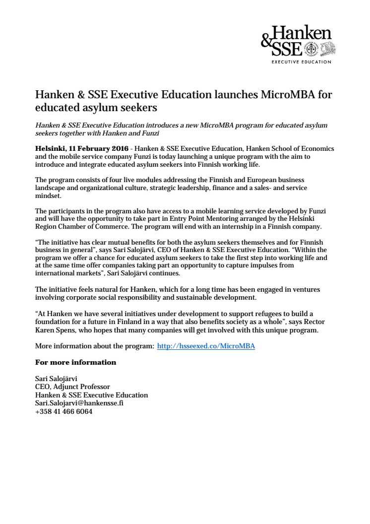 Hanken & SSE Executive Education launches MicroMBA for educated asylum seekers