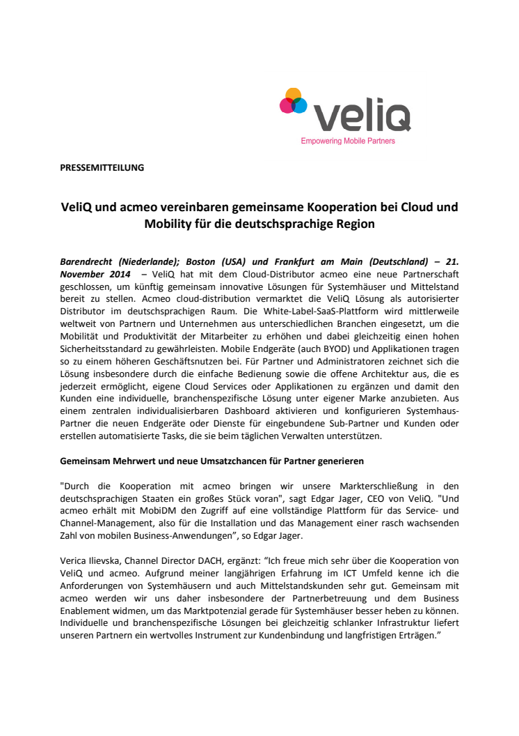 VeliQ und acmeo vereinbaren gemeinsame Kooperation bei Cloud und Mobility für die deutschsprachige Region 