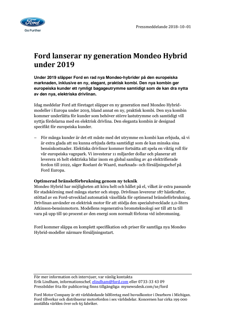 Ford lanserar ny generation Mondeo Hybrid under 2019