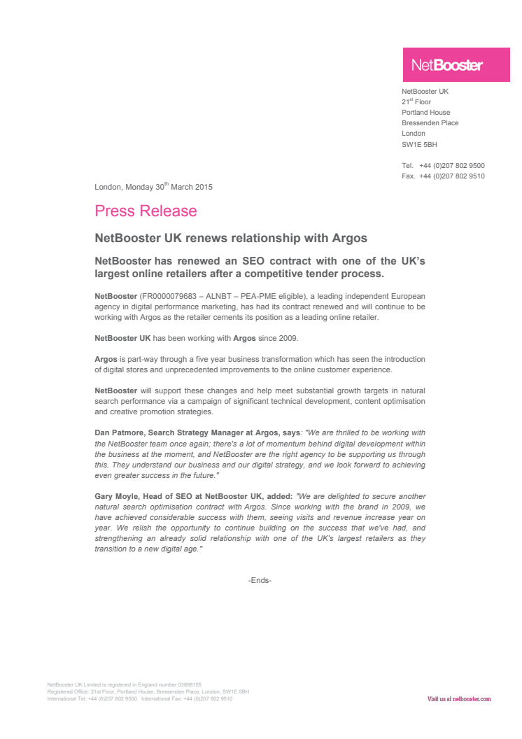 NetBooster UK renews relationship with Argos