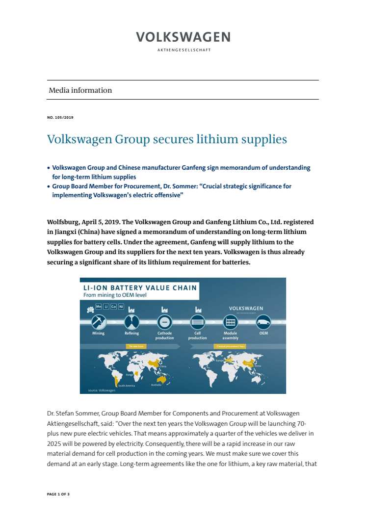 Volkswagen Group secures lithium supplies