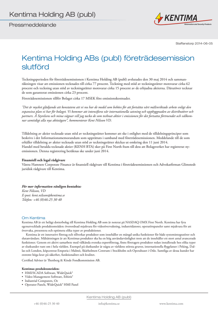Kentima Holding ABs (publ) företrädesemission slutförd