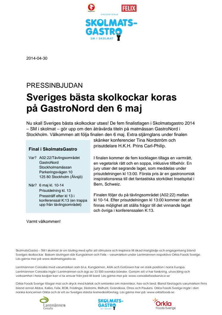 PRESSINBJUDAN Sveriges bästa skolkockar koras på GastroNord den 6 maj
