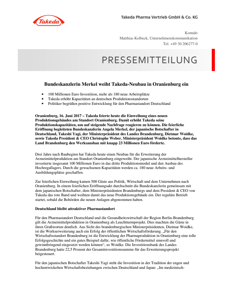 Bundeskanzlerin Merkel weiht Takeda-Neubau in Oranienburg ein