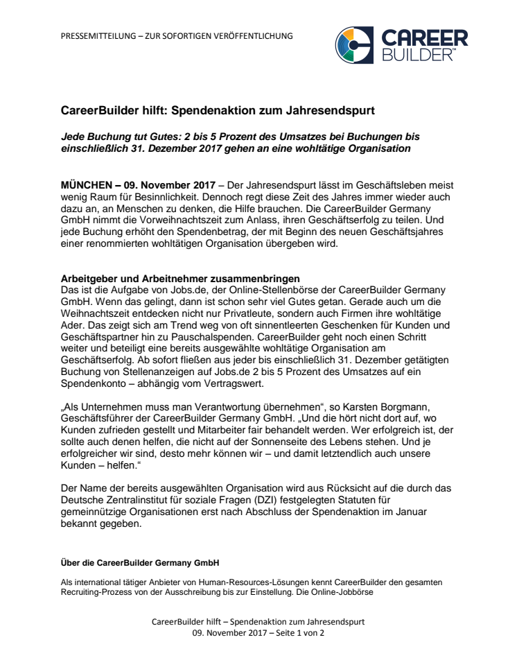 CareerBuilder hilft - Spendenaktion zum Jahresendspurt: Jede Buchung tut Gutes