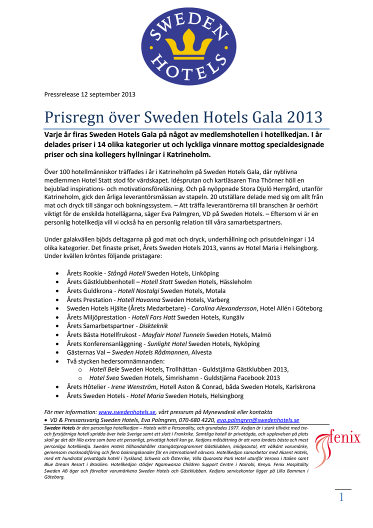 Prisregn över Sweden Hotels Gala 2013