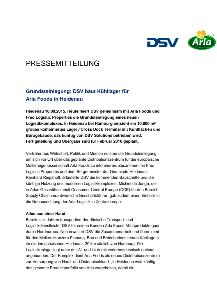 Grundsteinlegung: DSV baut Kühllager für Arla Foods in Heidenau