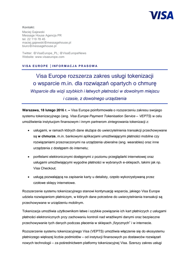 Visa Europe rozszerza zakres usługi tokenizacji o wsparcie m.in. dla rozwiązań opartych o chmurę