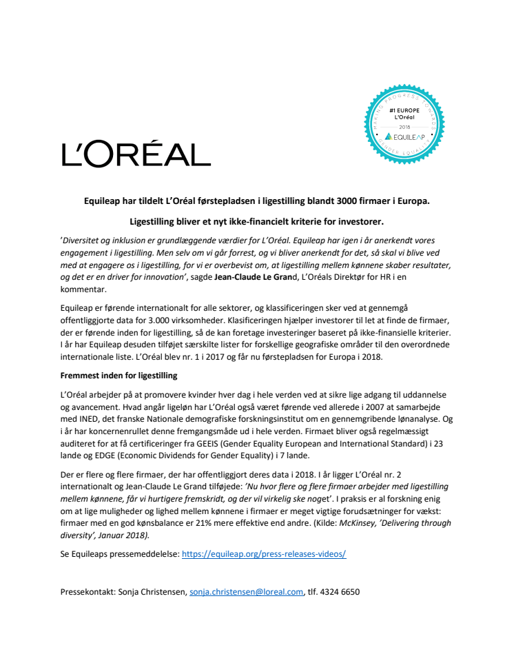 Ligestilling på agendaen i virksomheder i Europa - L'Oréal nr. 1