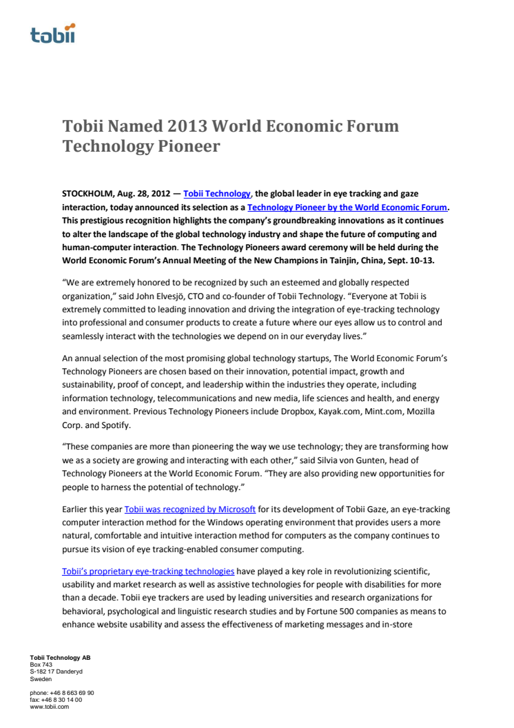 Tobii Named 2013 World Economic Forum Technology Pioneer