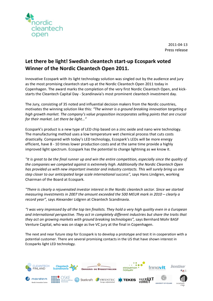 Let there be light! Swedish cleantech start-up Ecospark voted Winner of the Nordic Cleantech Open 2011. 