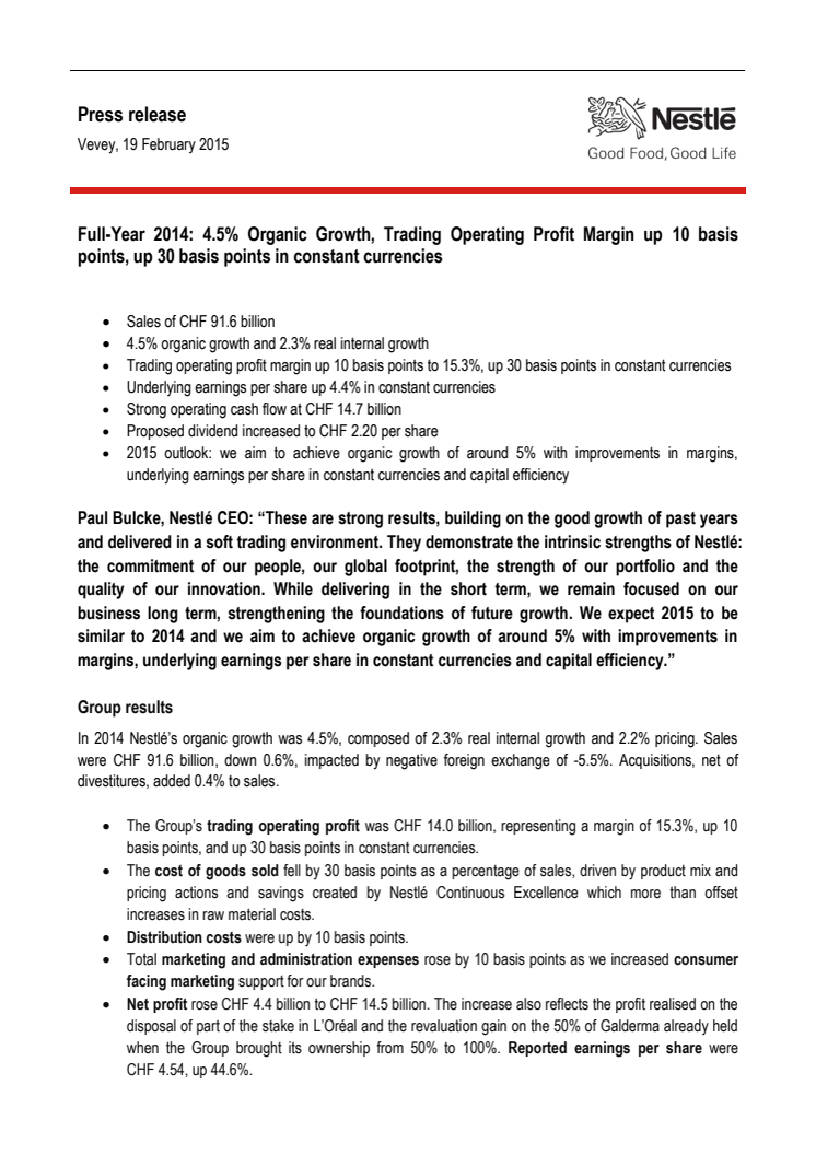 Nestlés globala resultat för 2014 visar 4.5% tillväxt