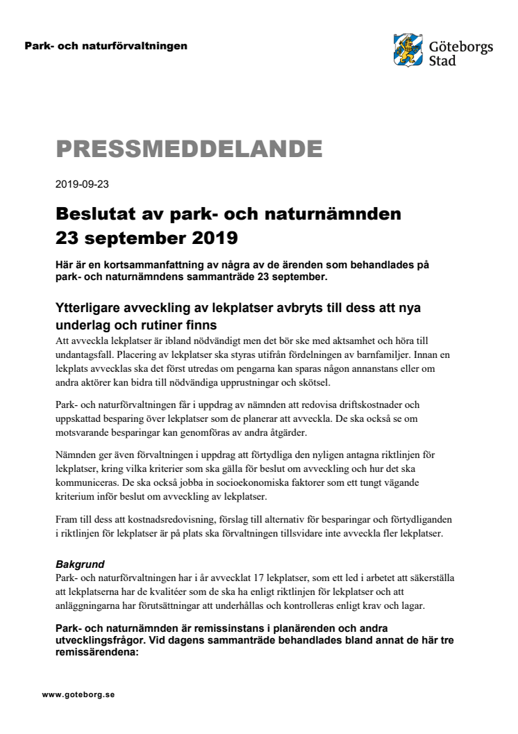 Beslutat av park- och naturnämnden  23 september 2019