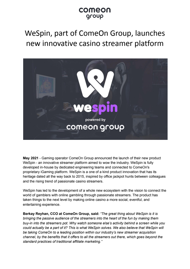 WeSpin, part of ComeOn Group, launches new innovative casino streamer platform