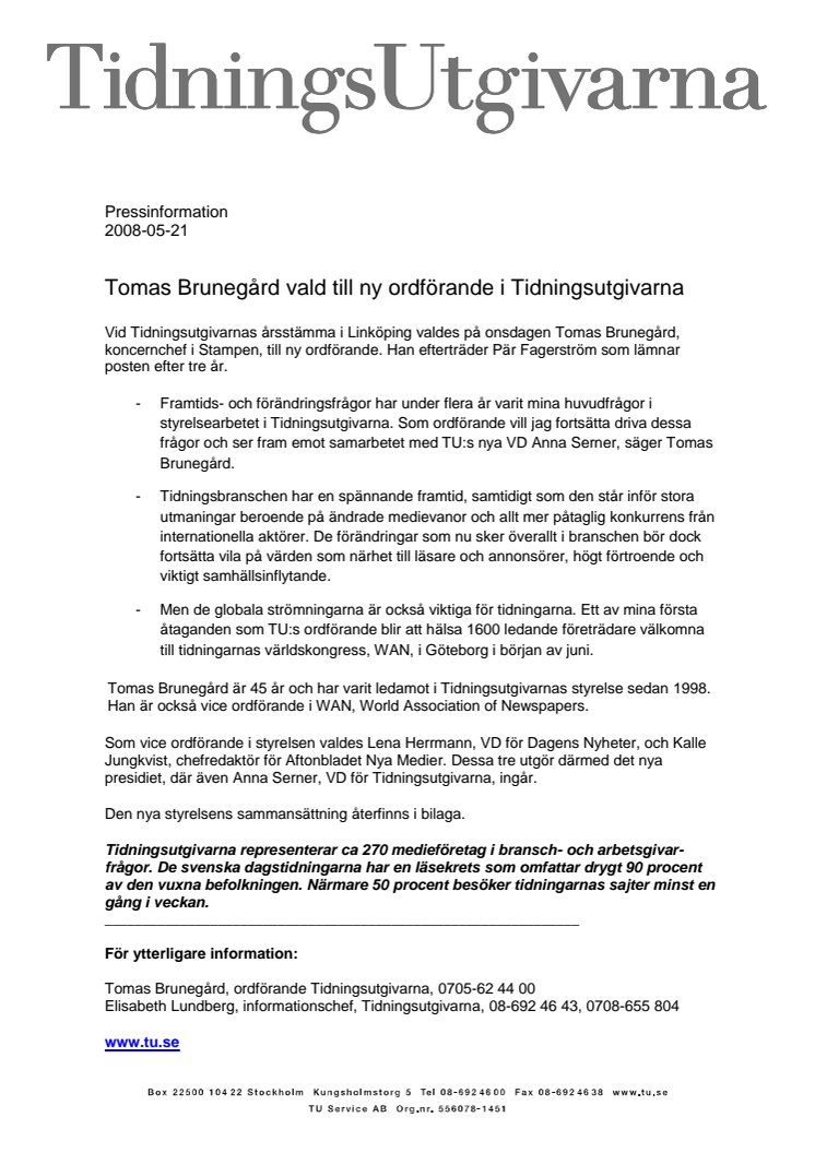 Tomas Brunegård vald till ny ordförande i Tidningsutgivarna