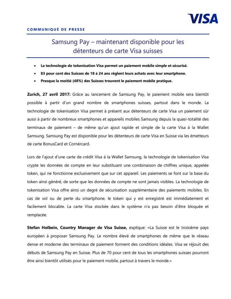 Samsung Pay – maintenant disponible pour les  détenteurs de carte Visa suisses 