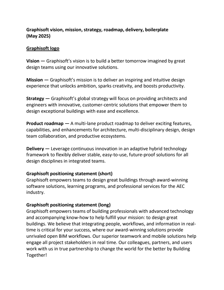Graphisoft vision, mission, strategy, product roadmap, delivery, positioning statement, boilerplate, logo