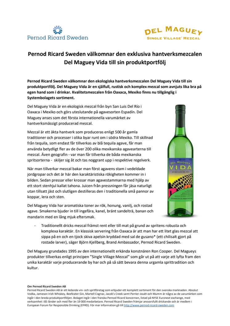 Pernod Ricard Sweden välkomnar den exklusiva hantverksmezcalen Del Maguey Vida till sin produktportfölj