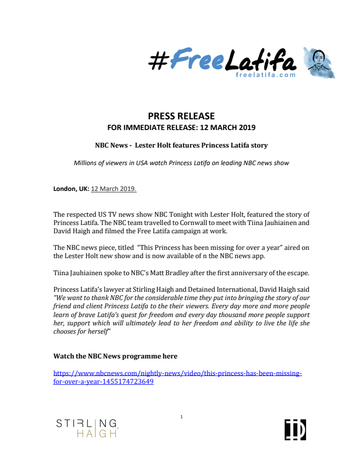 NBC News -  Lester Holt features Princess Latifa story