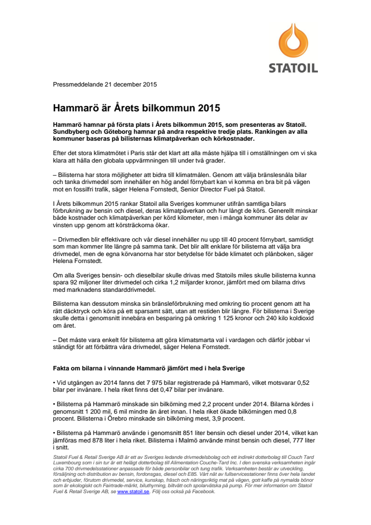 Hammarö är Årets bilkommun 2015