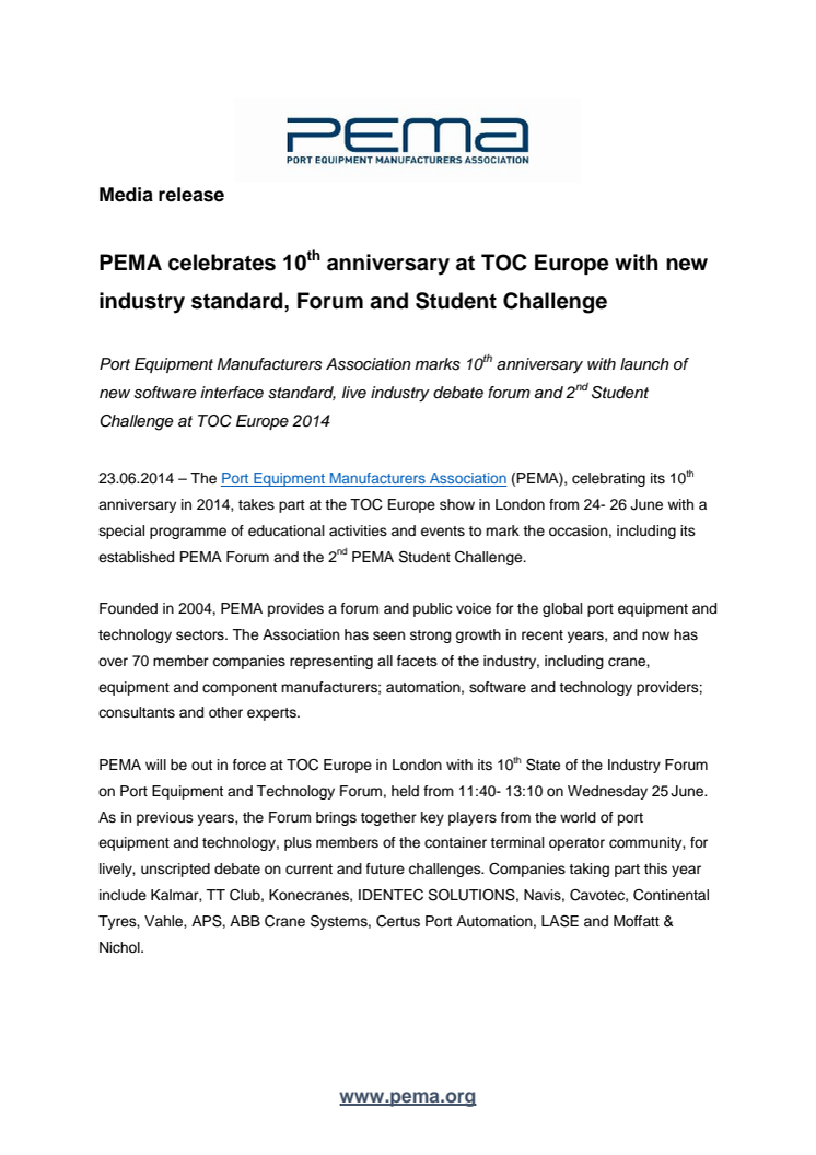 PEMA celebrates 10th anniversary at TOC Europe with new industry standard, Forum and Student Challenge