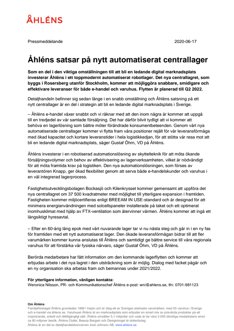 Åhléns satsar på nytt automatiserat centrallager