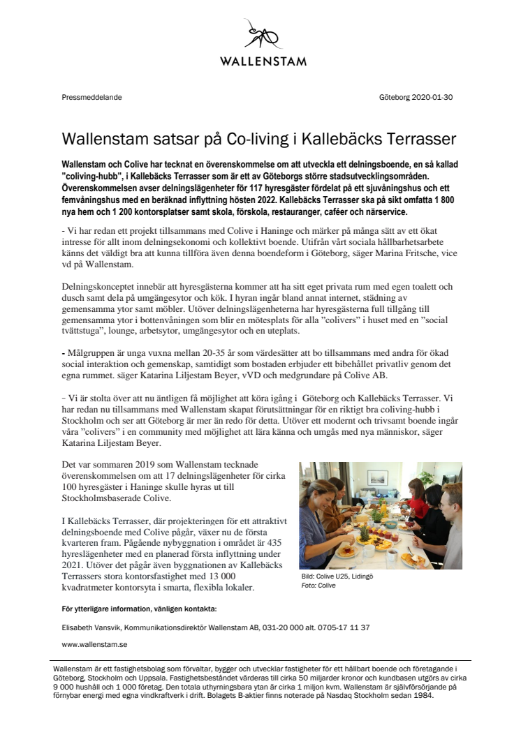 Wallenstam satsar på Co-living i Kallebäcks Terrasser