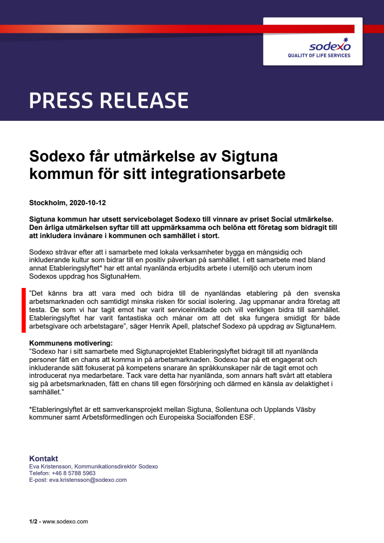 Sodexo får utmärkelse av Sigtuna kommun för sitt integrationsarbete