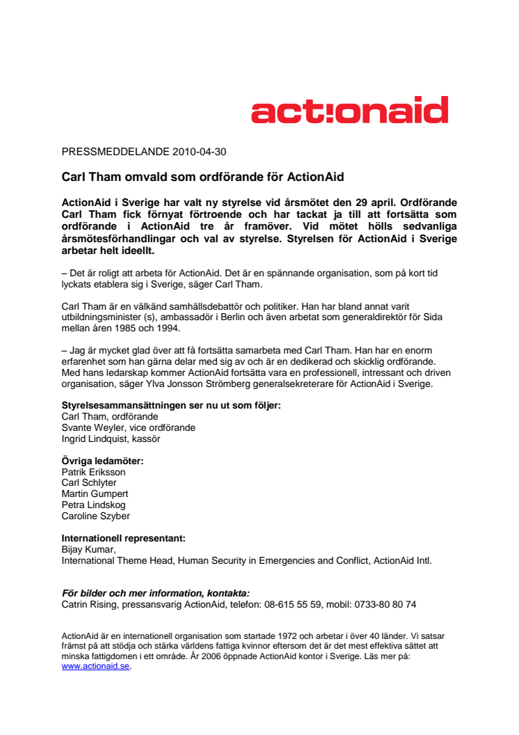 Carl Tham omvald som ordförande för ActionAid