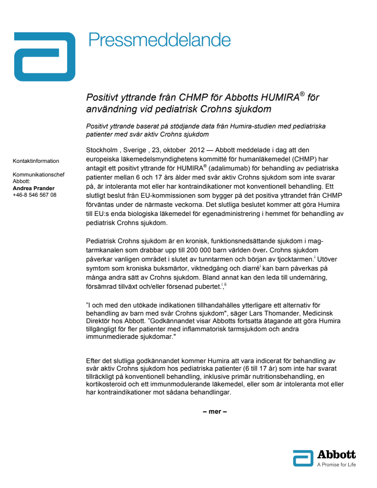 Positivt yttrande från CHMP för Abbotts HUMIRA® för användning vid pediatrisk Crohns sjukdom