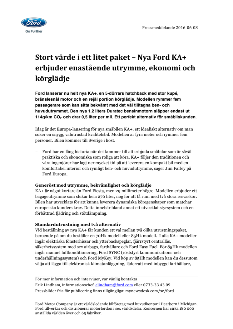 Stort värde i ett litet paket – Nya Ford KA+ erbjuder enastående utrymme, ekonomi och körglädje 