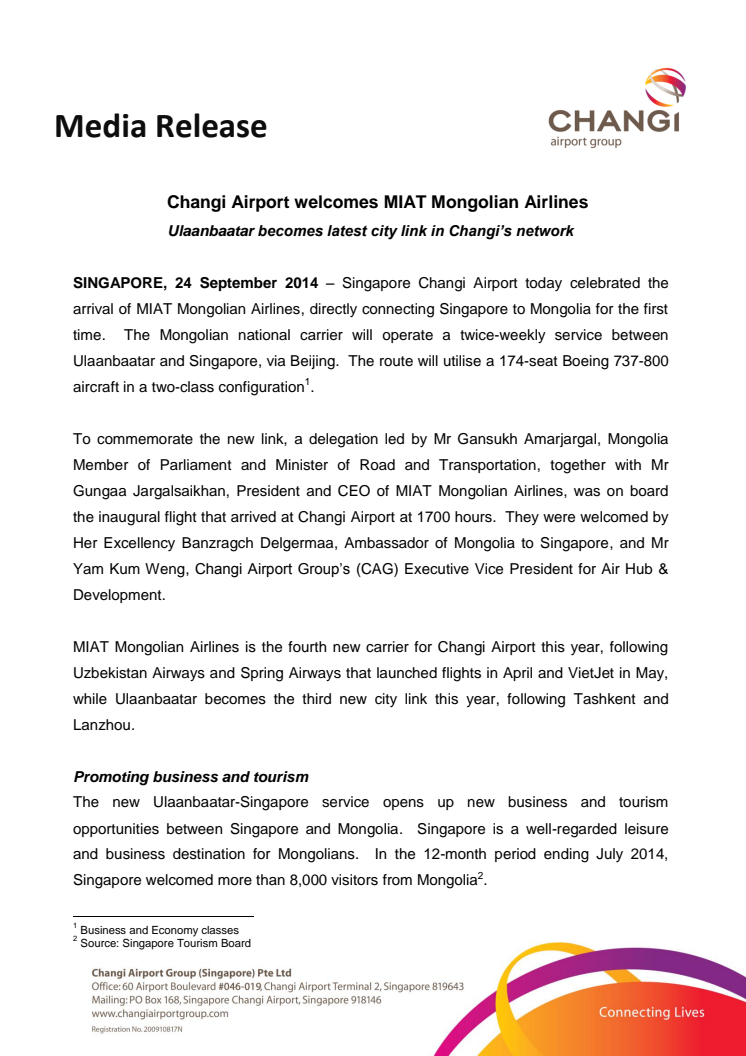 Changi Airport welcomes MIAT Mongolian Airlines