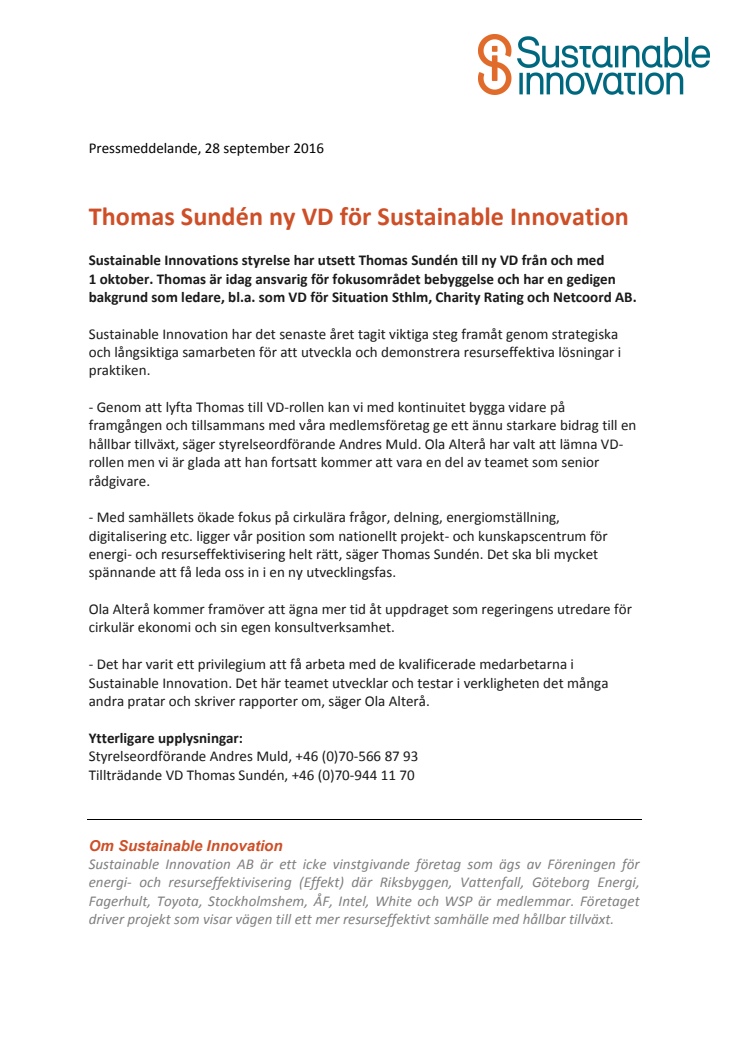 Thomas Sundén ny VD för Sustainable Innovation