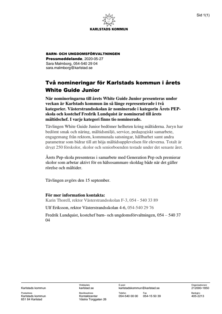 Två nomineringar för Karlstads kommun i årets White Guide Junior 