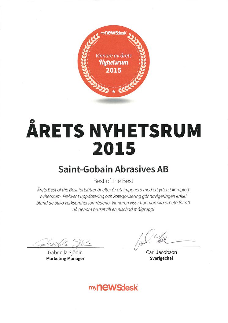 Årets Nyhetsrum 2015 - Diplom