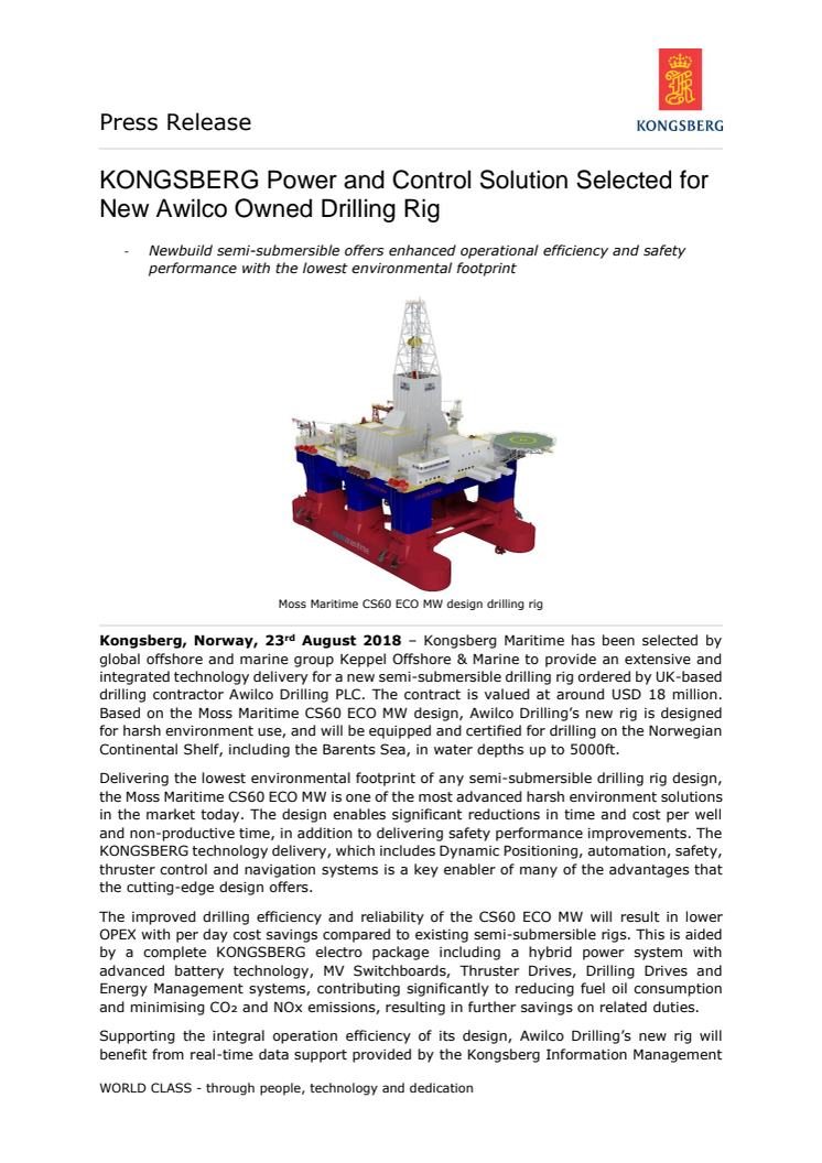 Kongsberg Maritime: KONGSBERG Power and Control Solution Selected for New Awilco Owned Drilling Rig 