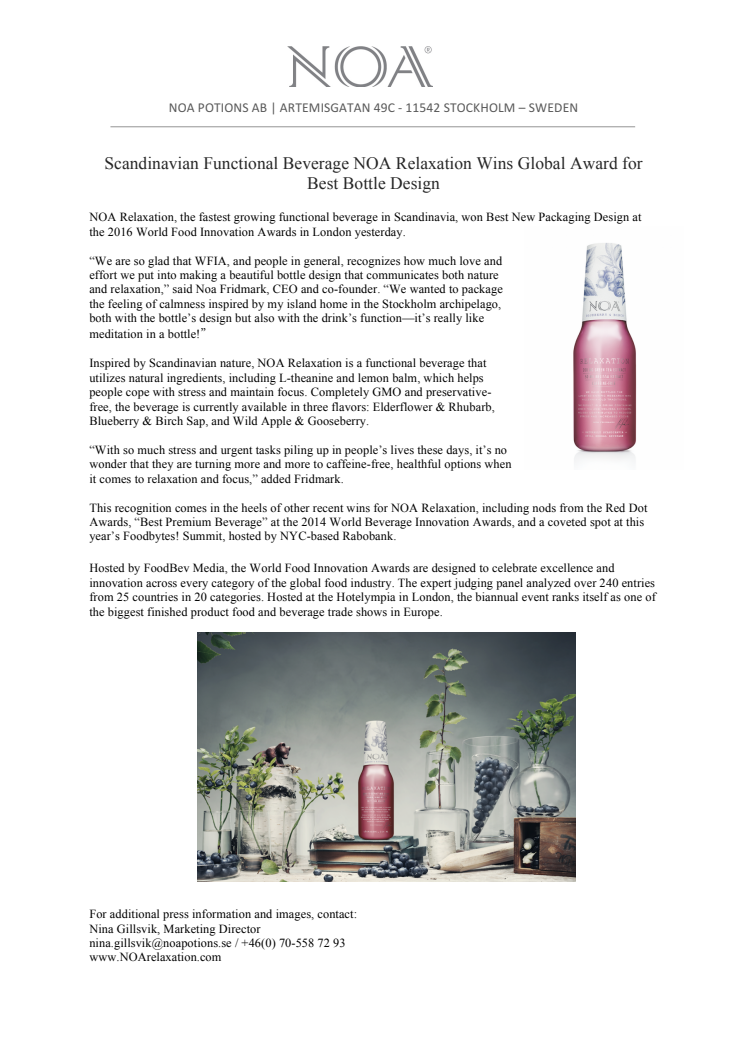 Scandinavian Functional Beverage NOA Relaxation Wins Global Award for Best Bottle Design 