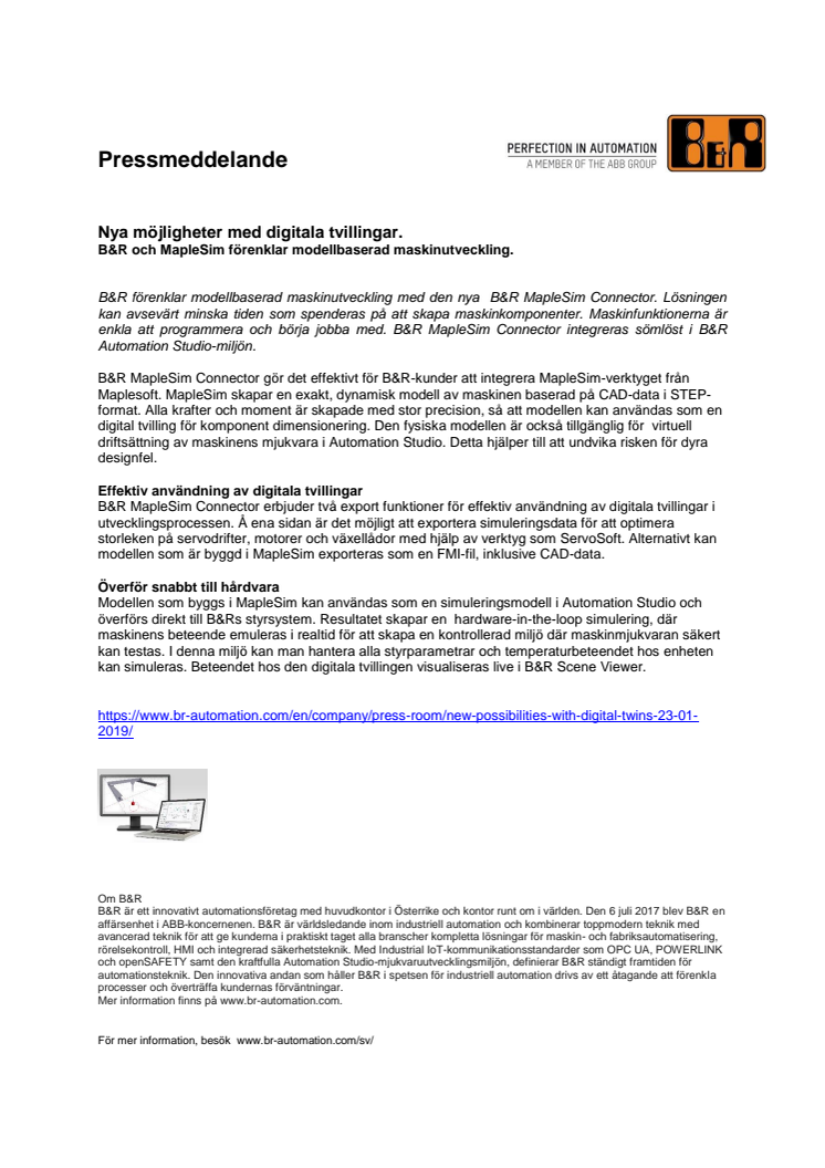 Nya möjligheter med digitala tvillingar. B&R och MapleSim förenklar modellbaserad maskinutveckling. 