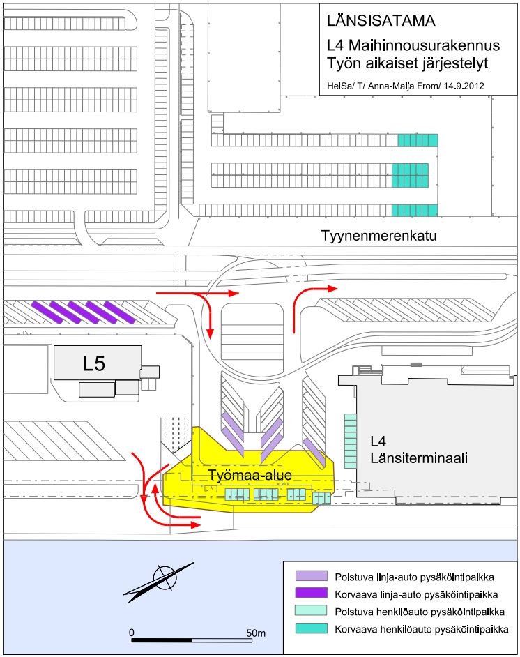 Helsingin Sataman L4 maihinnousurakennuksen työmaa-aikainen kartta