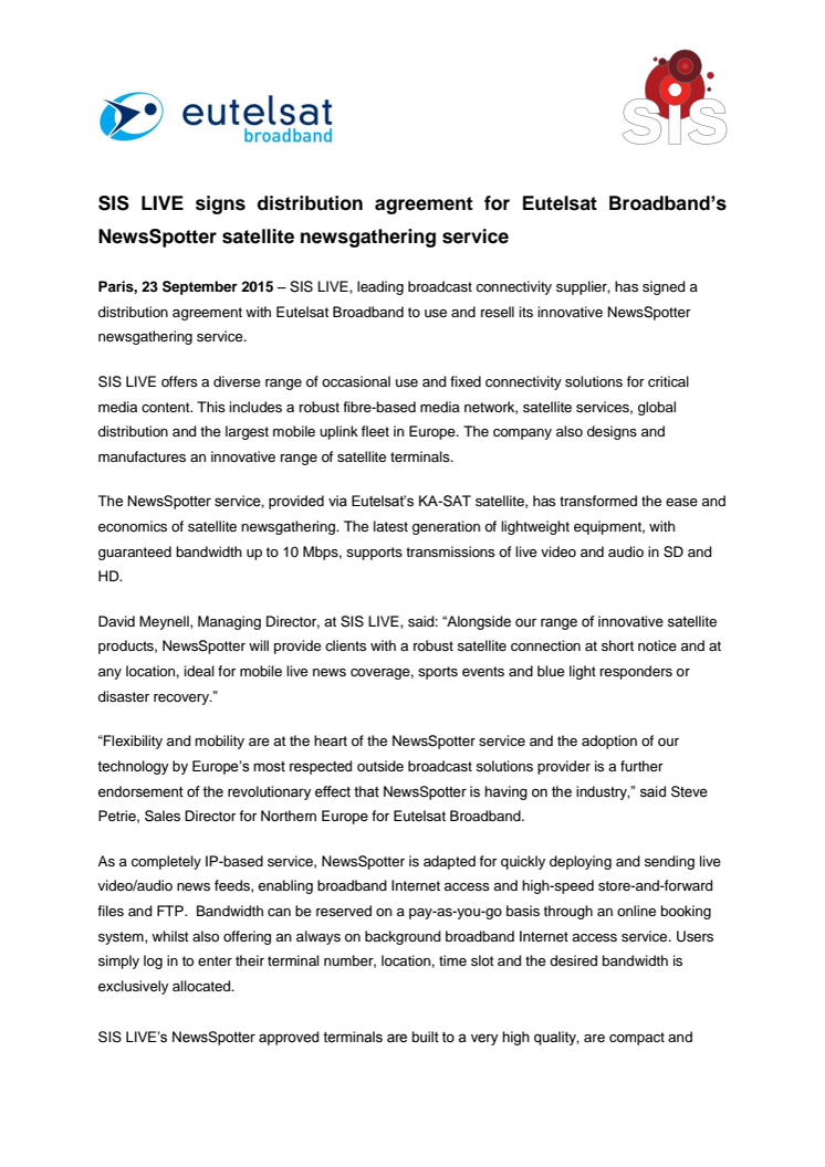 SIS LIVE signs distribution agreement for Eutelsat Broadband’s NewsSpotter satellite newsgathering service