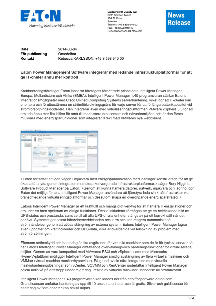 Eaton Power Management Software integrerar med ledande infrastrukturplattformar