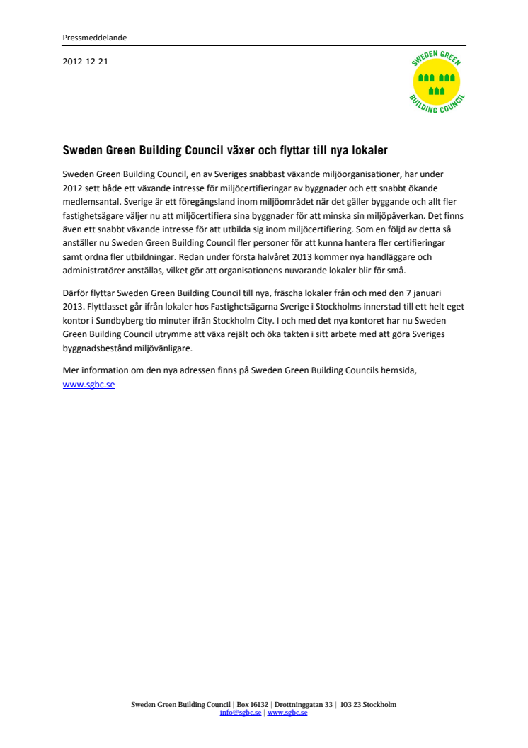 Sweden Green Building Council växer och flyttar till nya lokaler