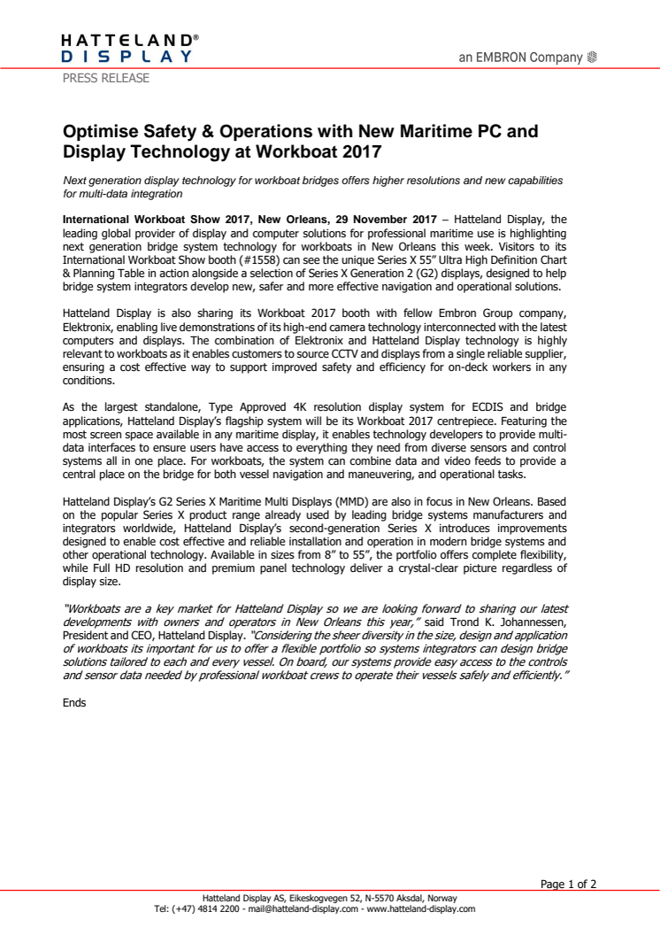 Hatteland Display - IWBS 2017: Optimise Safety & Operations with New Maritime PC and Display Technology at Workboat 2017