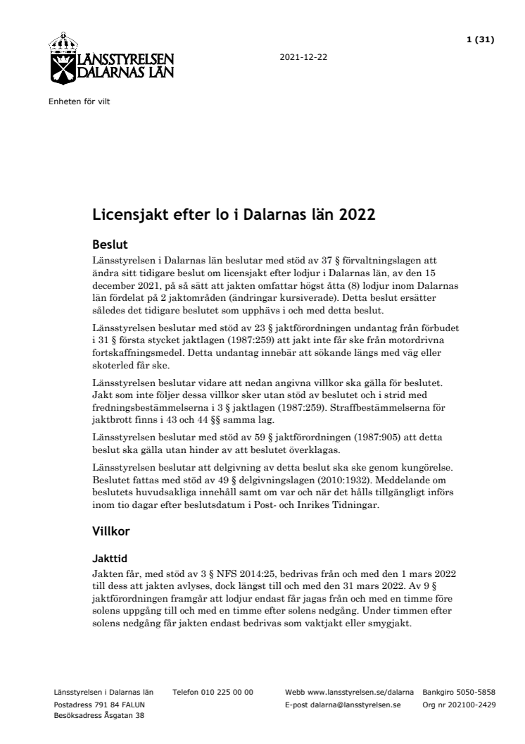 Beslut om licensjakt efter lo i Dalarnas län 2022.pdf